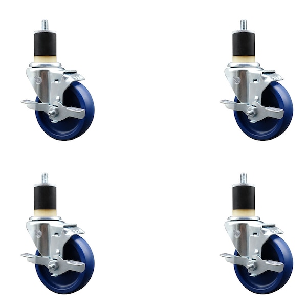 4'' SS Solid Poly Swivel 1-7/8'' Expanding Stem Caster Set with Brake, 4PK
